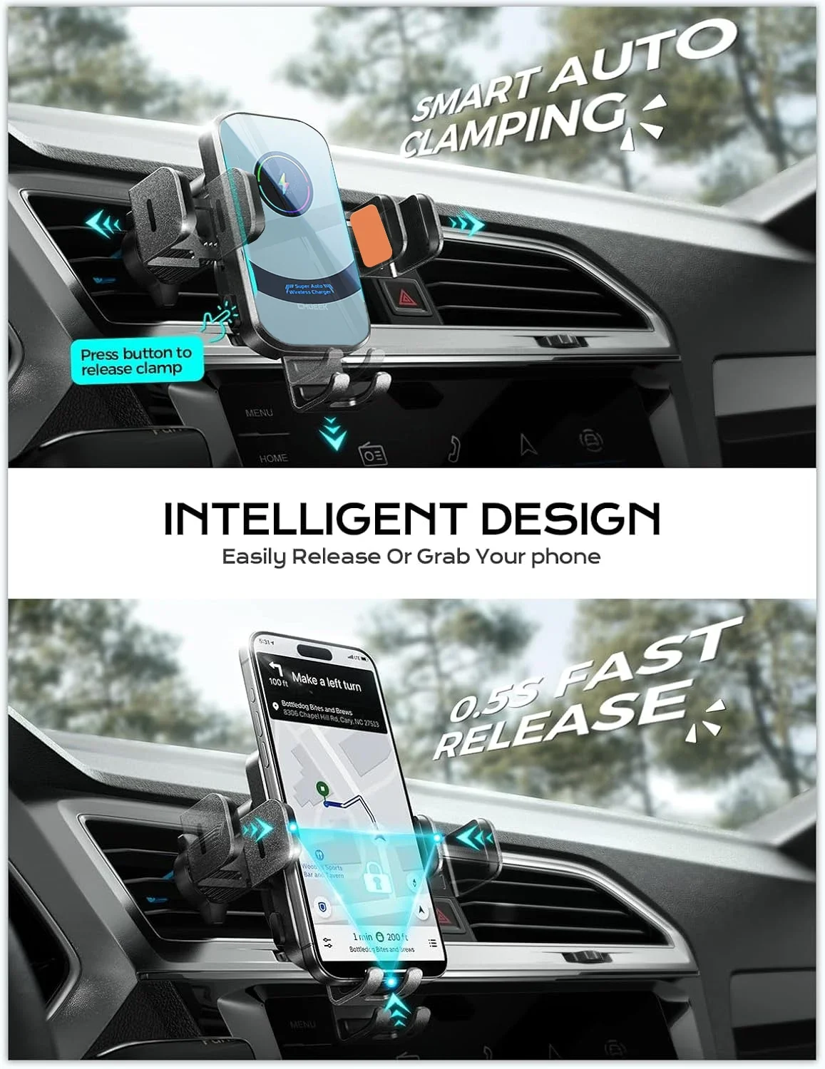 UYUXIO Wireless Car Charger Super Fast Charging Auto Clamping Air Vent Car Phone Holder for iPhone 16 15 14 Pro Max Samsung - Image 3