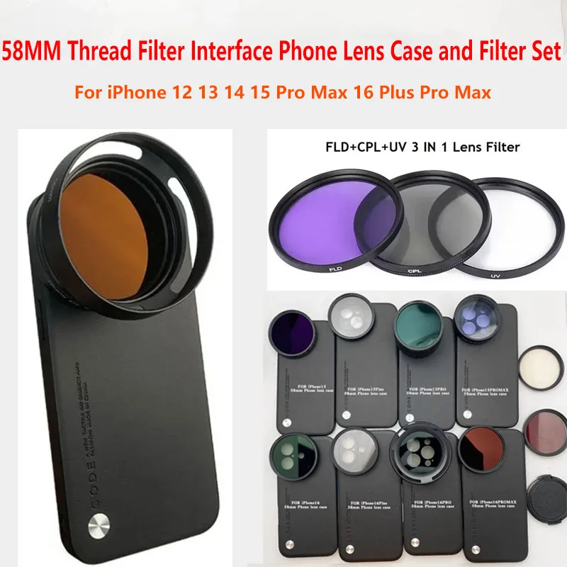 58MM Thread Filter Interface Phone Lens Case With Universal CPL UV FLD Filter For iPhone 12 13 14 15 Pro Max 16 Plus Pro Max