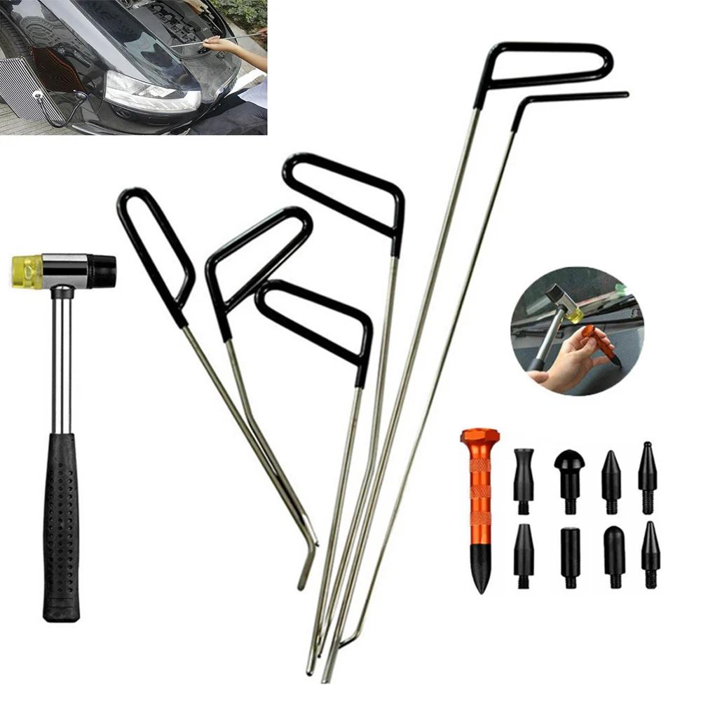 6/17Pcs Car Dent Repair Hooks Stainless Steel Push Rods Car Body Dent Removal Crowbar Kit Automotive Ding Hail Puller Set