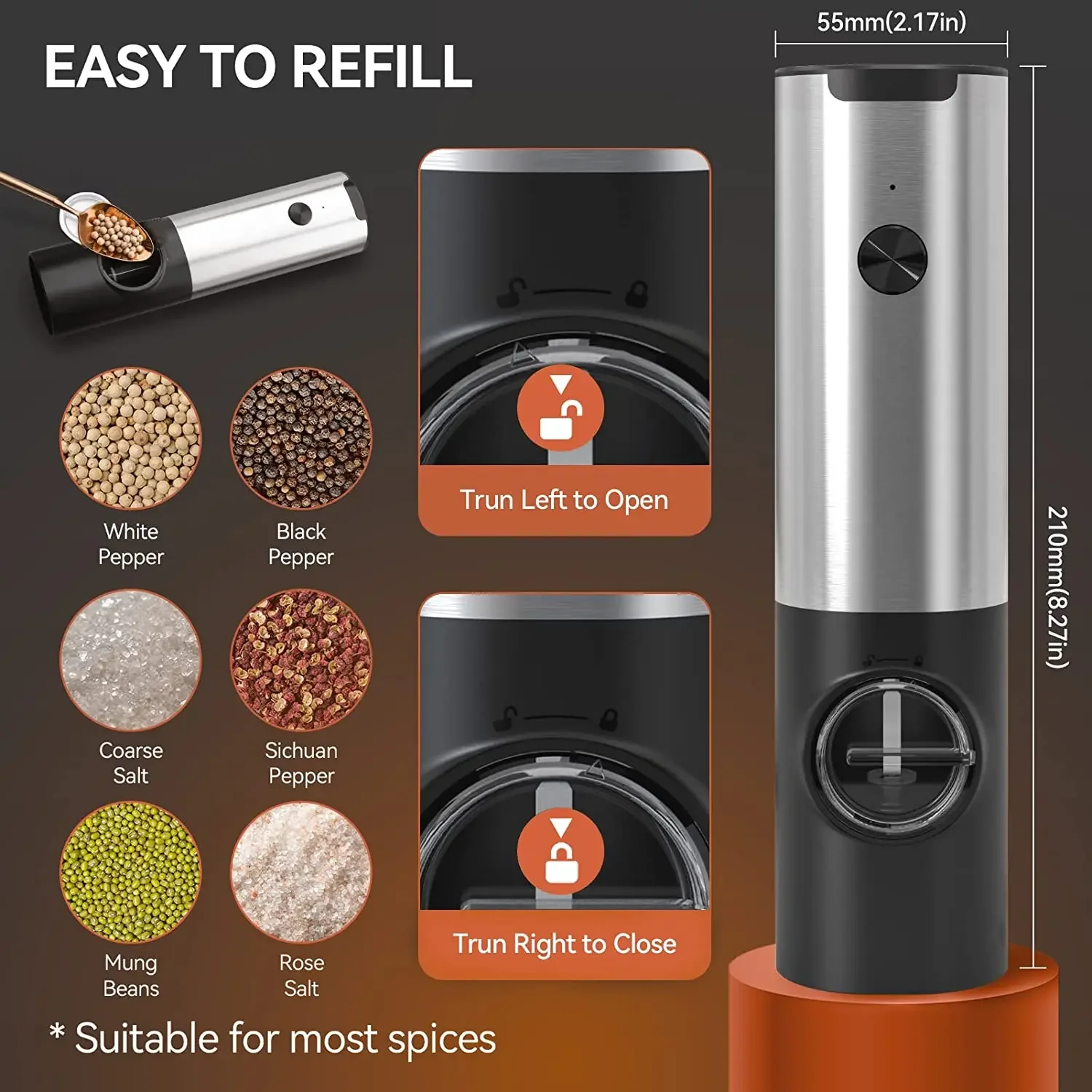 Rechargeable Electric Salt And Pepper Grinder Set with Charging Base Stainless Steel Automatic Salt Pepper Grinder Spice Mill - Image 5