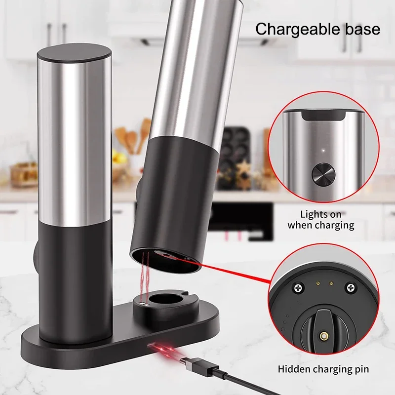 Rechargeable Electric Salt And Pepper Grinder Set with Charging Base Stainless Steel Automatic Salt Pepper Grinder Spice Mill - Image 6