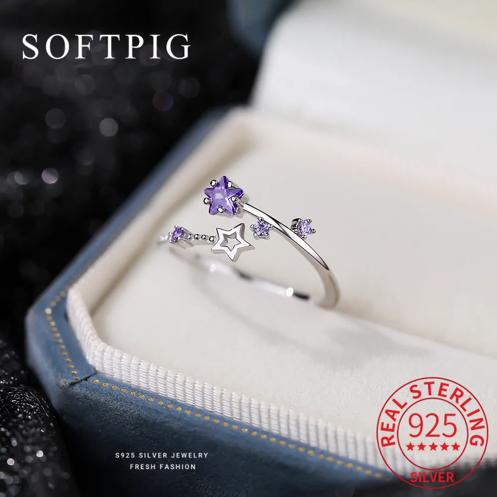 SOFTPIG Real 925 Sterling Silver Sparkling Zircon Meteor Starlight Adjustable Ring for Women Fine Jewelry Exquisite Accessories