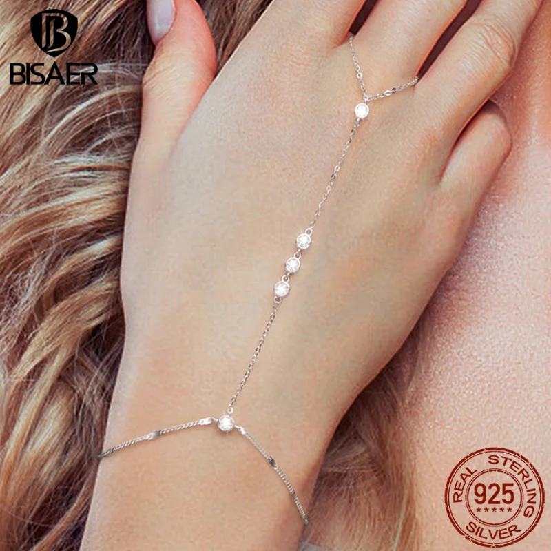 BISAER 925 Sterling Silver Finger Bracelet Hand Chain Ring Round 5A Zircon Trendy Thin Dainty Stackable Link Women Fine Jewelry - Image 3