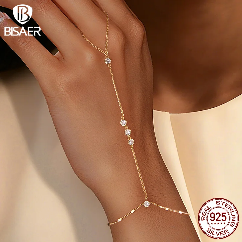 BISAER 925 Sterling Silver Finger Bracelet Hand Chain Ring Round 5A Zircon Trendy Thin Dainty Stackable Link Women Fine Jewelry - Image 2