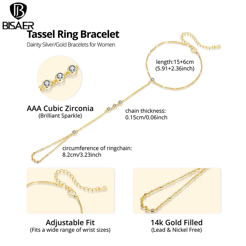 BISAER 925 Sterling Silver Finger Bracelet Hand Chain Ring Round 5A Zircon Trendy Thin Dainty Stackable Link Women Fine Jewelry - Image 4
