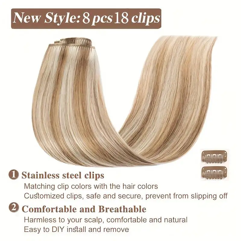 8Pcs Clip In Hair Extensions 100% Real Human Hair P8/613 Color Brown Highlight Blonde For Women Daily Use Real Easy Wear To Go - Image 2