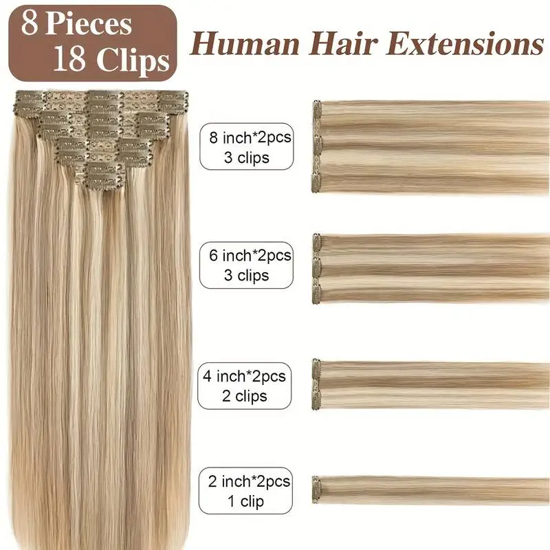 8Pcs Clip In Hair Extensions 100% Real Human Hair P8/613 Color Brown Highlight Blonde For Women Daily Use Real Easy Wear To Go - Image 3
