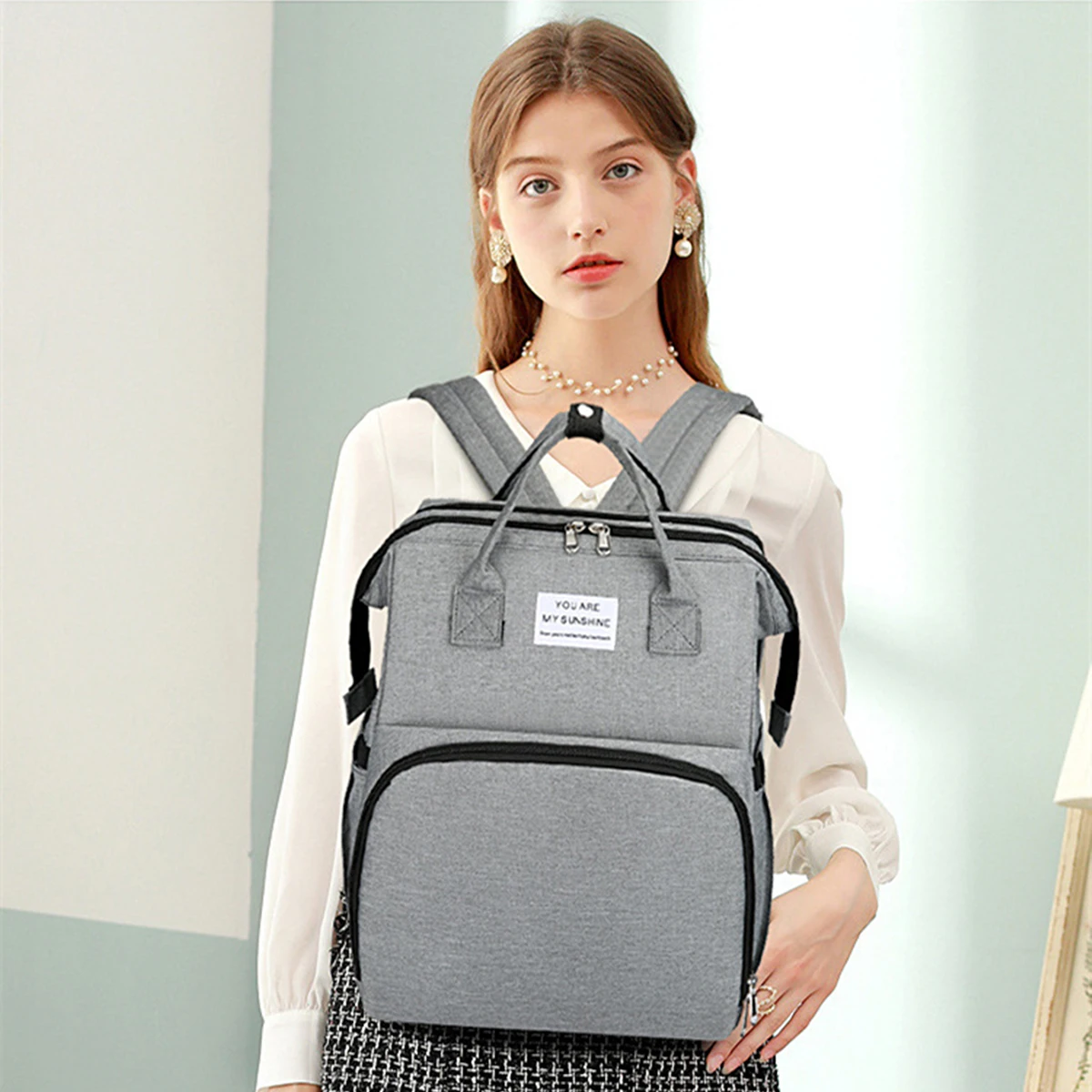 Foldable bed diaper bag with changing station insulated pocket and large capacity Multifunctional Double shoulder mommy bag - Image 5
