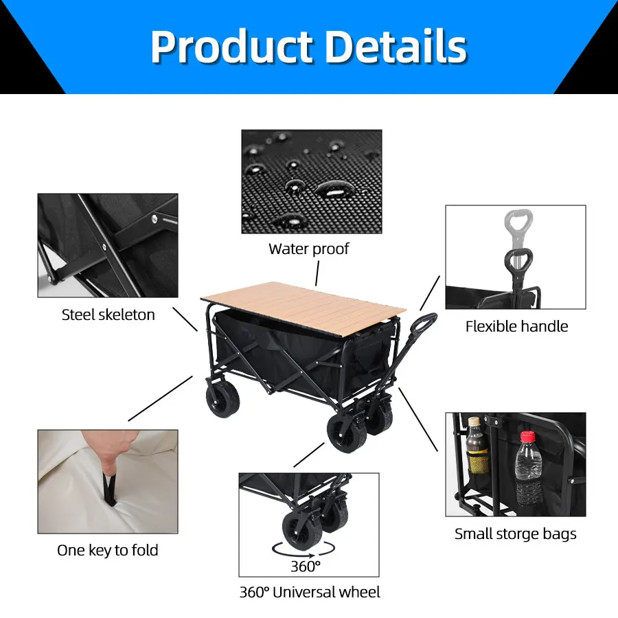 Large Weight Capacity Heavy Duty Wagon Cart Folding Wagon for Outdoor Garden Beach wagon Camping Equipment with Cup Holders - Image 2
