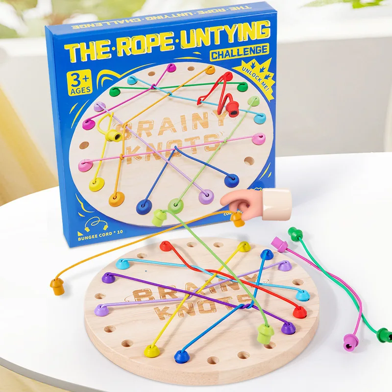 Rubber Wood Twisted Rope Puzzle Game Brainy Knots Rope Untangling Game Montessori Fine Motor Skills Rope Untying Toys for Kids