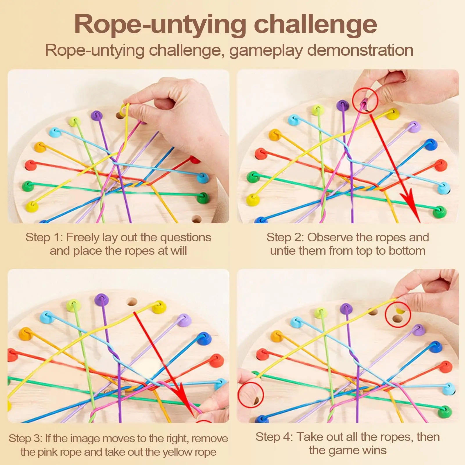 Rubber Wood Twisted Rope Puzzle Game Brainy Knots Rope Untangling Game Montessori Fine Motor Skills Rope Untying Toys for Kids - Image 2