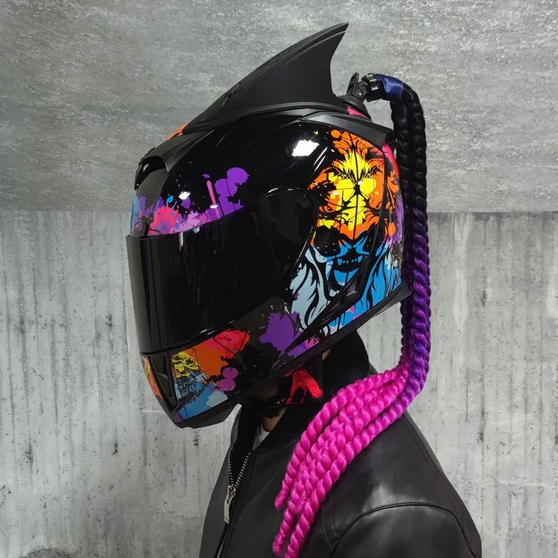 Full face helmet motorcycle riding helmet safety double lens Racing helmet Individuality braids horns