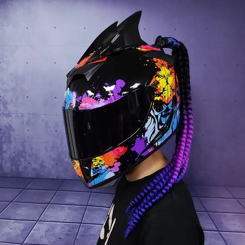 Full face helmet motorcycle riding helmet safety double lens Racing helmet Individuality braids horns