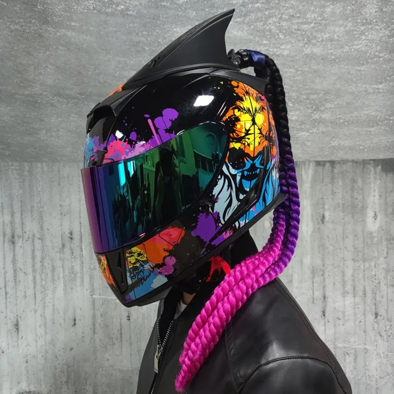 Full face helmet motorcycle riding helmet safety double lens Racing helmet Individuality braids horns