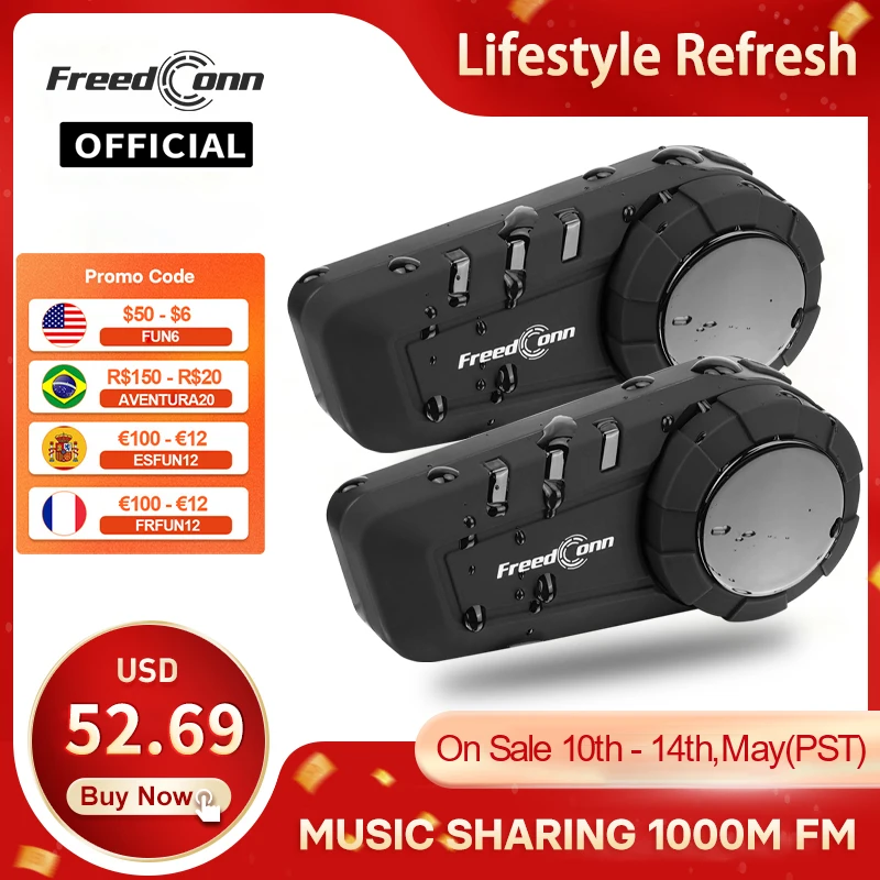 Freedconn Motorcycle Helmet Intercom Bluetoote Headset Motorbike 6 Riders 1000M Moto Group Waterproof Interphone Rider