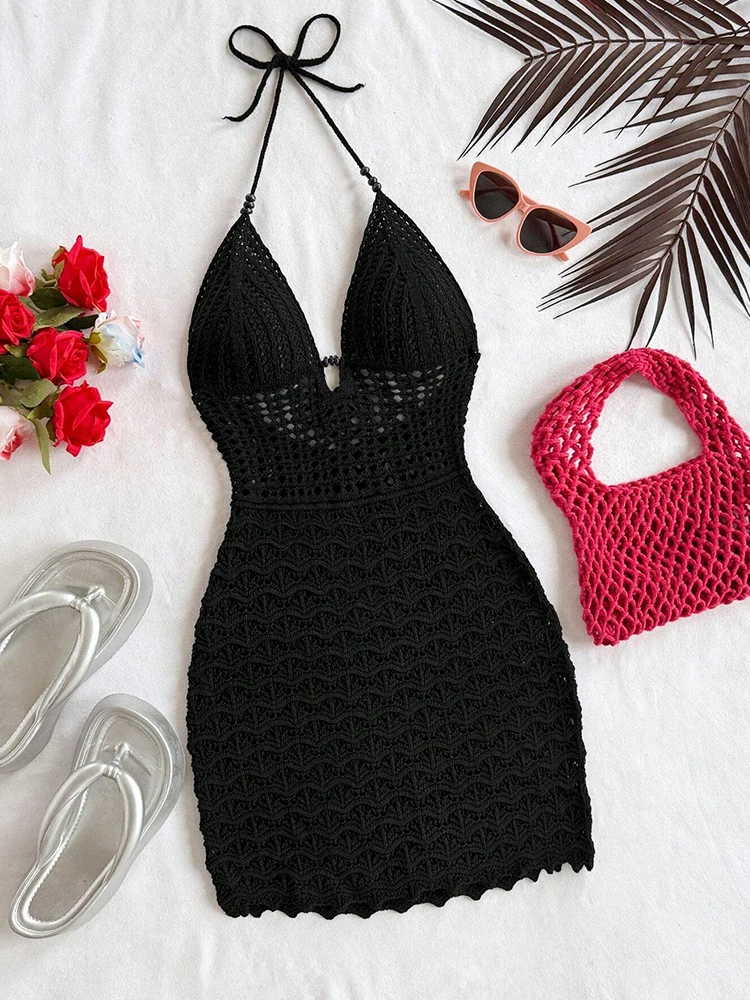 Women's V-Neck Strapless Dress, Hollow Out, Wooden Bead, Slim Fit, Gradient Color, Knitted, Sexy, Vacation Wear - Image 3