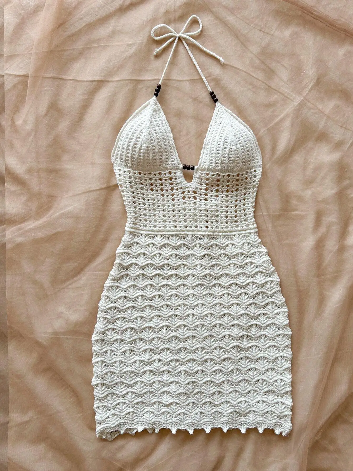 Women's V-Neck Strapless Dress, Hollow Out, Wooden Bead, Slim Fit, Gradient Color, Knitted, Sexy, Vacation Wear - Image 4