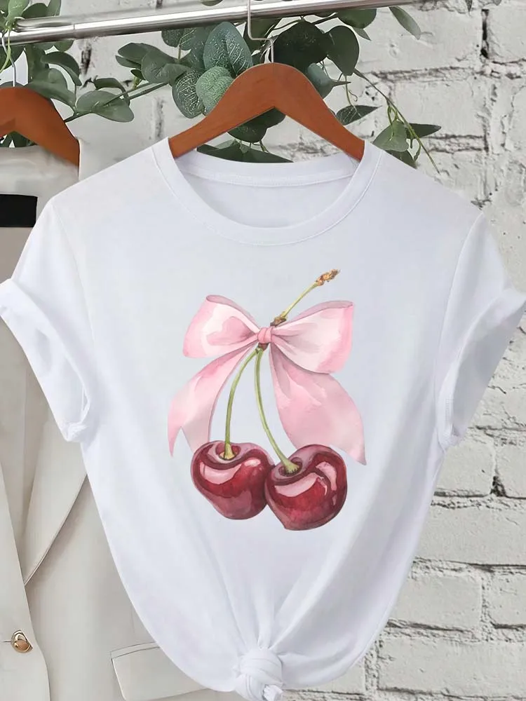Fashion Cherry Print Women T-Shirt Short Sleeve Crew Neck Casual Tops for Summer Spring Women's Clothing Tops Tees - Image 5