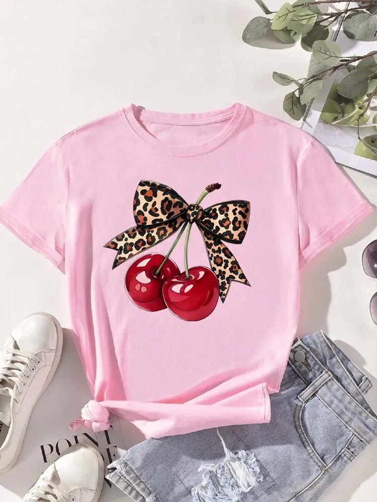 Fashion Cherry Print Women T-Shirt Short Sleeve Crew Neck Casual Tops for Summer Spring Women's Clothing Tops Tees - Image 3