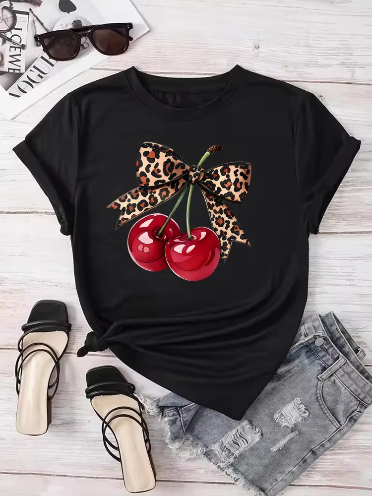 Fashion Cherry Print Women T-Shirt Short Sleeve Crew Neck Casual Tops for Summer Spring Women's Clothing Tops Tees - Image 2