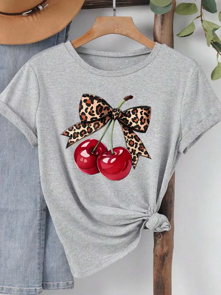 Fashion Cherry Print Women T-Shirt Short Sleeve Crew Neck Casual Tops for Summer Spring Women's Clothing Tops Tees - Image 4