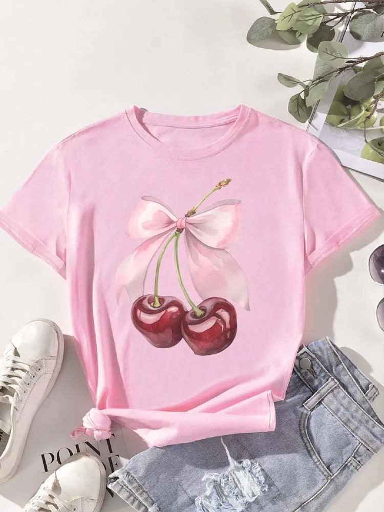 Fashion Cherry Print Women T-Shirt Short Sleeve Crew Neck Casual Tops for Summer Spring Women's Clothing Tops Tees - Image 6