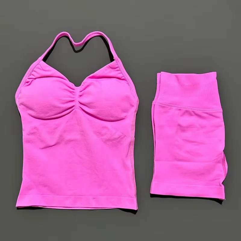 HISTELLO 2 Pieces Sports Set Women Yoga Longline Strap Top Scrunch Seamless Shorts Sport Gym Set Sportswear Workout Fitness Set - Image 4