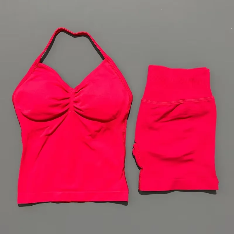 HISTELLO 2 Pieces Sports Set Women Yoga Longline Strap Top Scrunch Seamless Shorts Sport Gym Set Sportswear Workout Fitness Set - Image 5