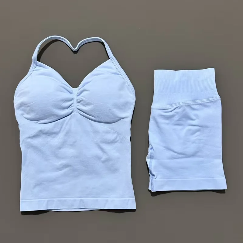 HISTELLO 2 Pieces Sports Set Women Yoga Longline Strap Top Scrunch Seamless Shorts Sport Gym Set Sportswear Workout Fitness Set - Image 6