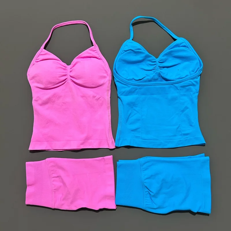 HISTELLO 2 Pieces Sports Set Women Yoga Longline Strap Top Scrunch Seamless Shorts Sport Gym Set Sportswear Workout Fitness Set - Image 2