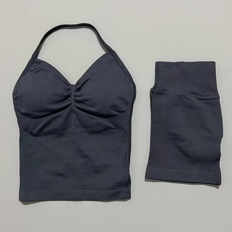 HISTELLO 2 Pieces Sports Set Women Yoga Longline Strap Top Scrunch Seamless Shorts Sport Gym Set Sportswear Workout Fitness Set - Image 3
