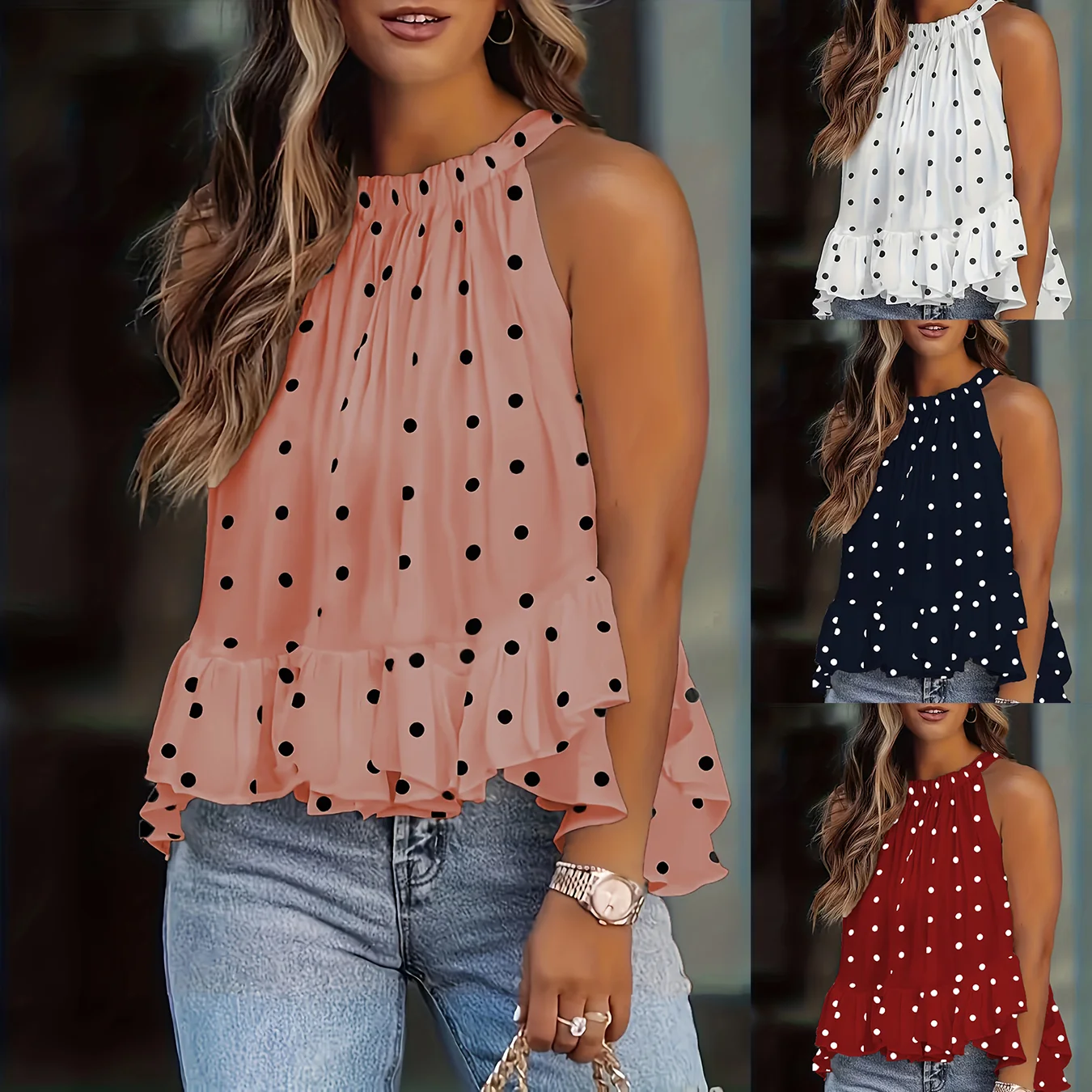Plus size women's spring and summer fresh and fashionable halter neck off-shoulder solid color elegant urban vest suspender 。