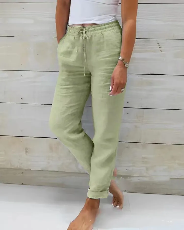 Cotton Linen Summer Pants for Women High Waist Elastic Casual Trousers Streetwear Solid Female Clothes 2026 Loose Pencil Pants - Image 6