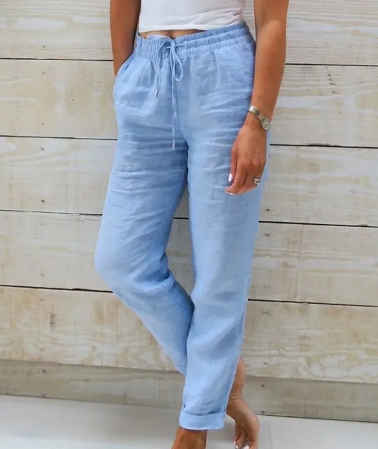 Cotton Linen Summer Pants for Women High Waist Elastic Casual Trousers Streetwear Solid Female Clothes 2026 Loose Pencil Pants - Image 2