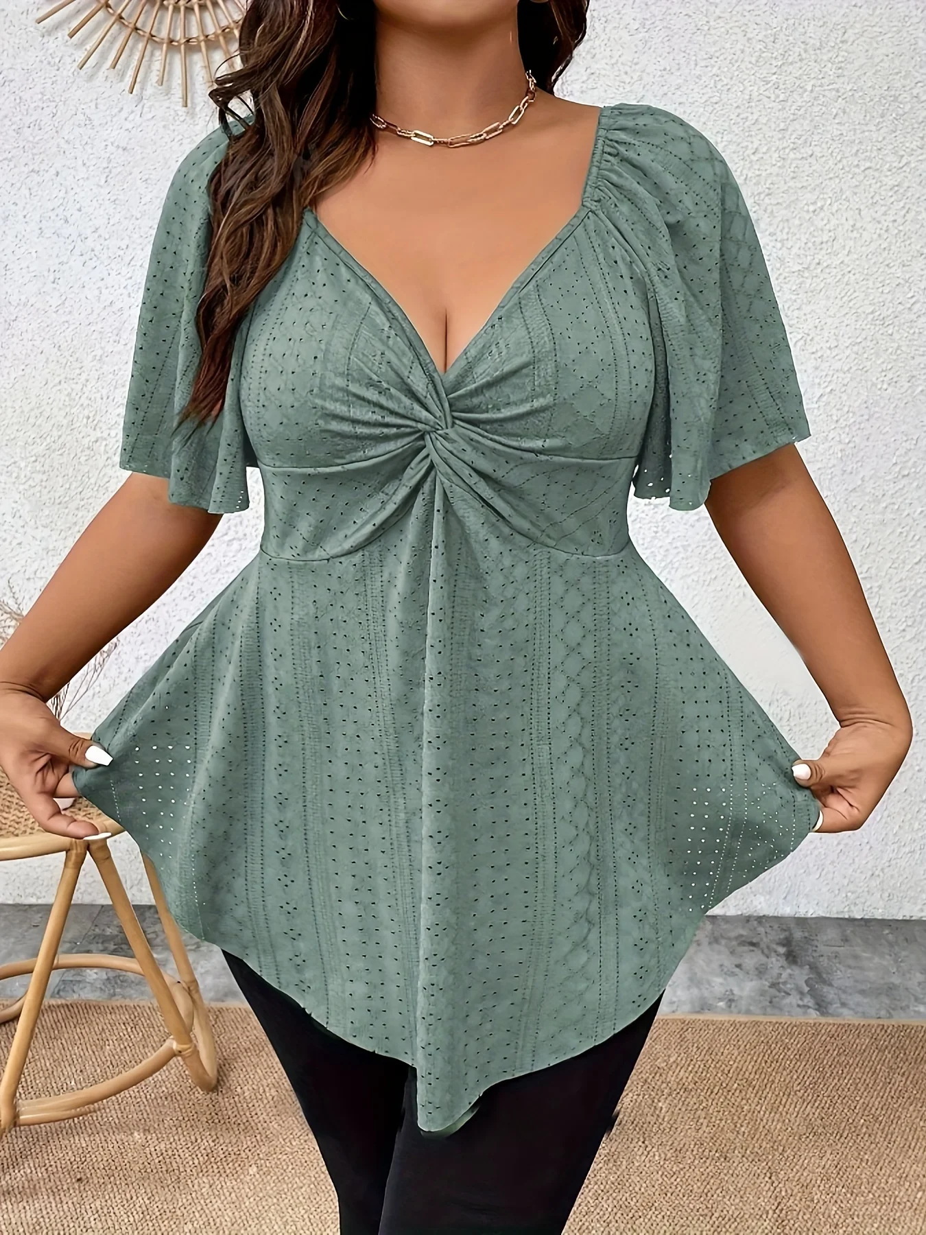 Plus Size Elegant Summer T Shirt for Women Casual Office Lady Solid Curve Clothing Loose V Neck Tops - Image 4
