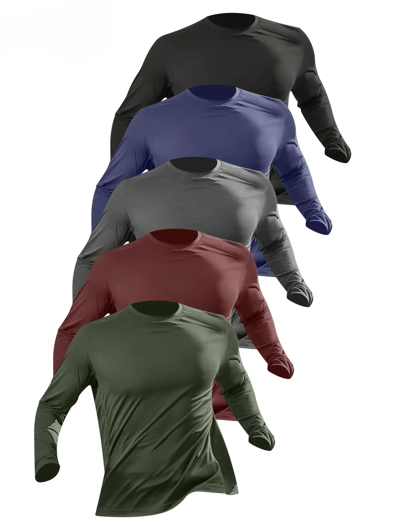 5-piece men's solid color round neck long sleeved T-shirt, versatile design, comfortable and fashionable - Image 2