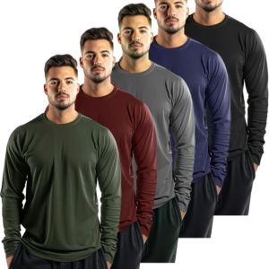 5-piece men's solid color round neck long sleeved T-shirt, versatile design, comfortable and fashionable