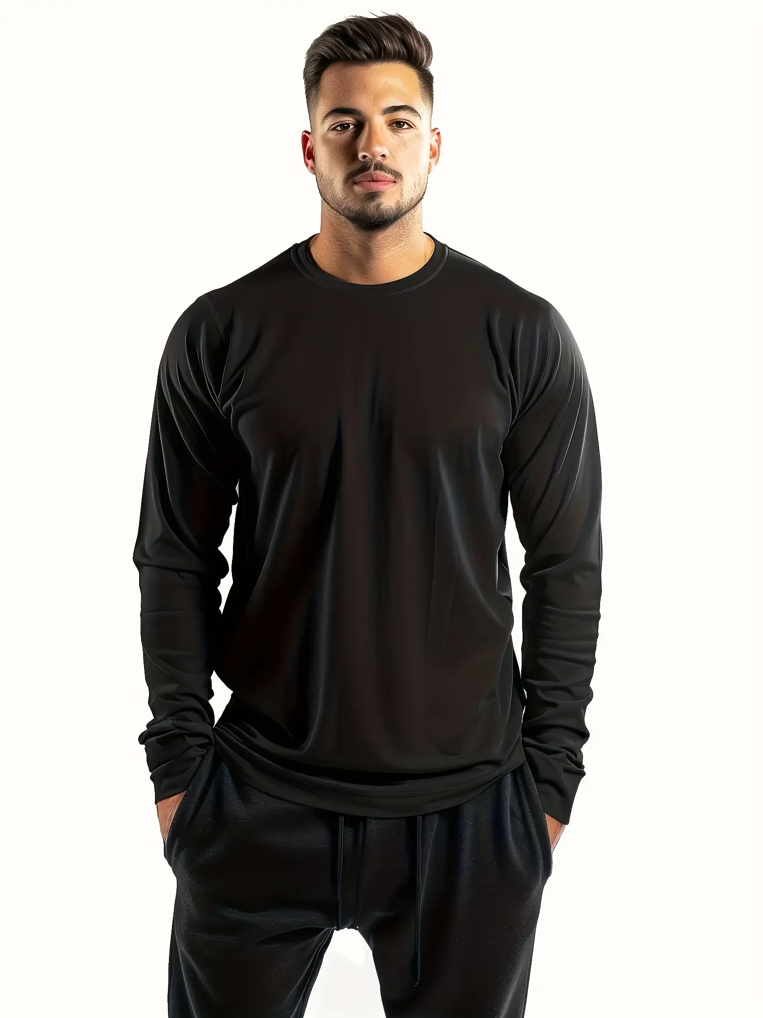 5-piece men's solid color round neck long sleeved T-shirt, versatile design, comfortable and fashionable - Image 3