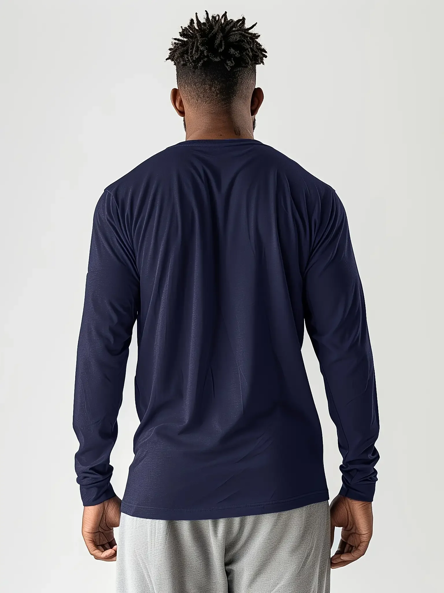 5-piece men's solid color round neck long sleeved T-shirt, versatile design, comfortable and fashionable - Image 4