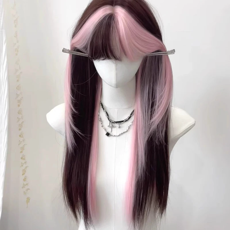 Long Straight Women Wigs Pink Highlighted Wig Synthetic Hair Extensions Hairpiece Jirai Kei Hairstyle for Women Cos Draculaura - Image 4