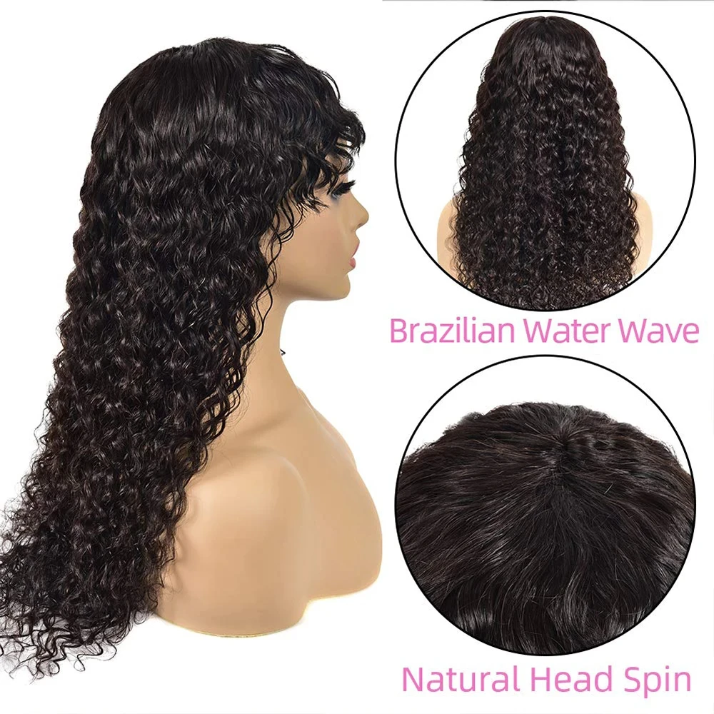Long Water Wave Wigs For Black Women Malaysian Curly Human Hair Wigs With Bangs Full Machine Made Wigs Cheap Remy Human Hair Wig - Image 4