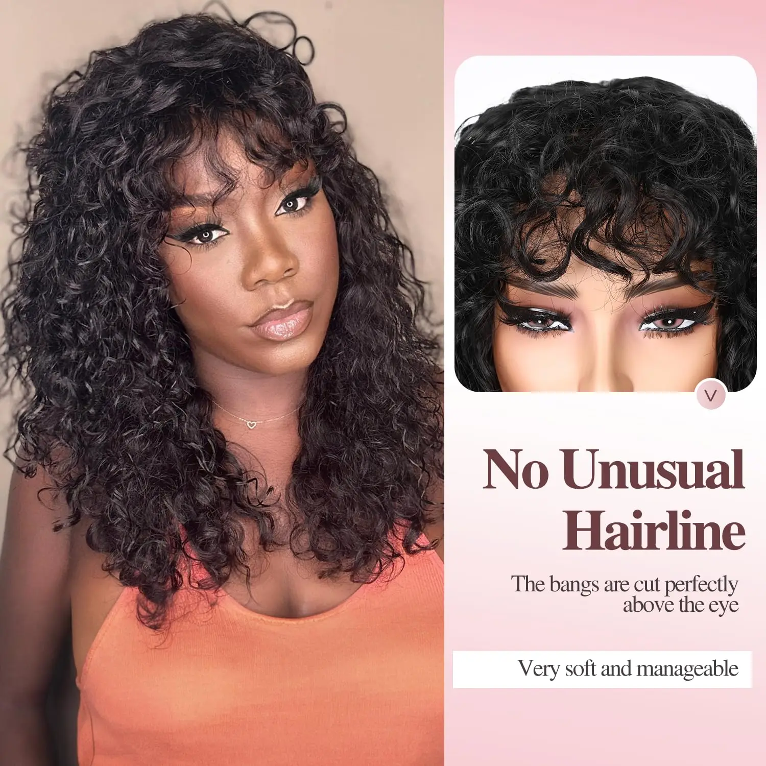 Long Water Wave Wigs For Black Women Malaysian Curly Human Hair Wigs With Bangs Full Machine Made Wigs Cheap Remy Human Hair Wig - Image 2